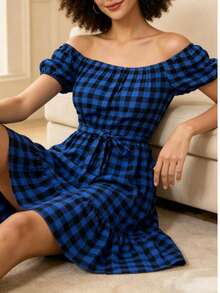 Casual Short Dress With Buttons Down The Front, Long Sleeves, And A Plaid Print. - 藍色 - 查看 2