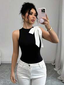 Camiseta sin mangas de mujer con contraste de color y lazo - Negro - Ver 7