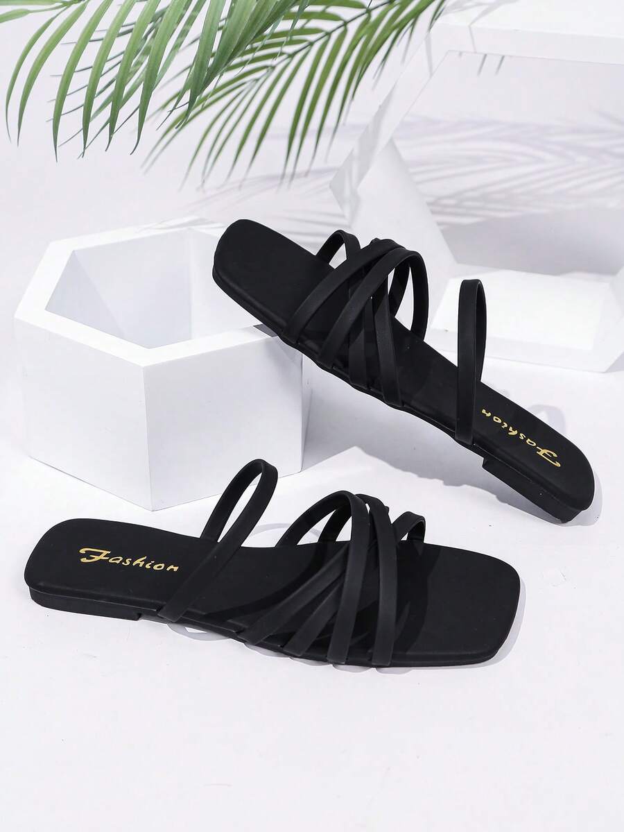 Women's Criss-Cross Strap Flat Sandals, Vacation Style Square Toe Solid Color Slides - Black - View 1