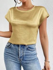 holgada y elegante casual con detalles metálicos en los hombros, blusa plisada de satén sólido de manga tipo murciélago para mujeres - Dorado - Ver 4