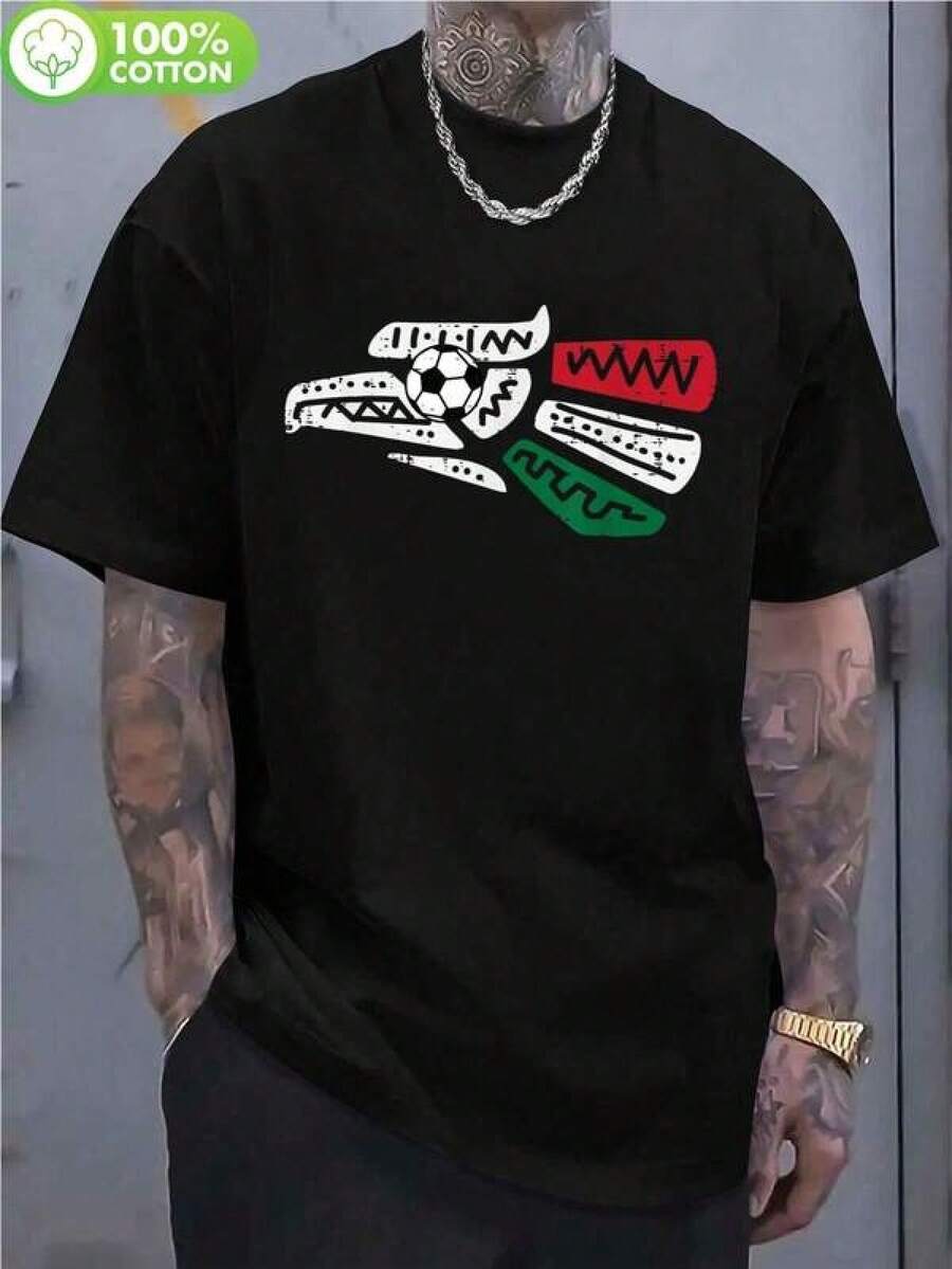 Camisetas Gráficas - Camiseta del Equipo de Fútbol de México - Diseño Gráfico con Águila Mexicana y Sombrero con Emblema Nacional, Ropa Transpirable para Fanáticos, Adecuada para Hombres y Mujeres, Regalo Ideal para Aficionados al Fútbol - Ropa Casual Cómoda para Partidos y Eventos al Aire Libre (Colores Icónicos del Equipo) 100% algodón - Negro - Ver 1