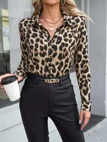 Camisa de manga larga cómoda y casual para mujer, camisa con botones y cuello con estampado de leopardo, para primavera/otoño - Café integral - Ver 5