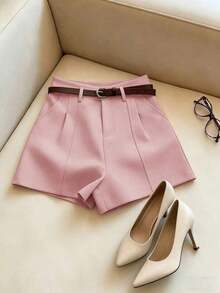 Pantalones cortos minimalistas franceses de moda, tejidos de unicolor, casuales para ir al trabajo, retro, de cintura alta, corte evasé y pernera ancha, para mujeres - Rosa - Ver 7