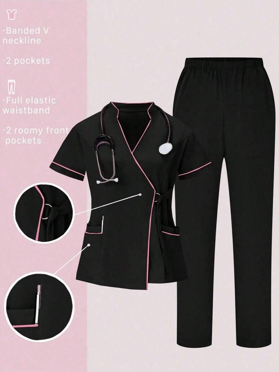 Conjunto de uniformes médicos: Parte superior de cuello en V de manga corta y pantalones para trabajadores de la salud - Negro - Ver 1