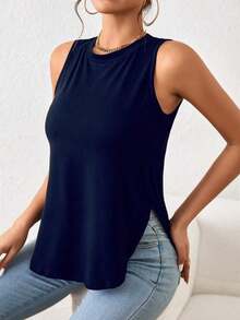 1 pieza Camiseta casual de mujer de cuello redondo y bajo con abertura lateral de un solo color - Azul marino - Ver 5