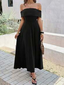 Vestido de mujer de unicolor con hombros descubiertos, nuevo vestido largo elegante y ajustado sin espalda para fiestas, uso diario y citas - Negro - Ver 9
