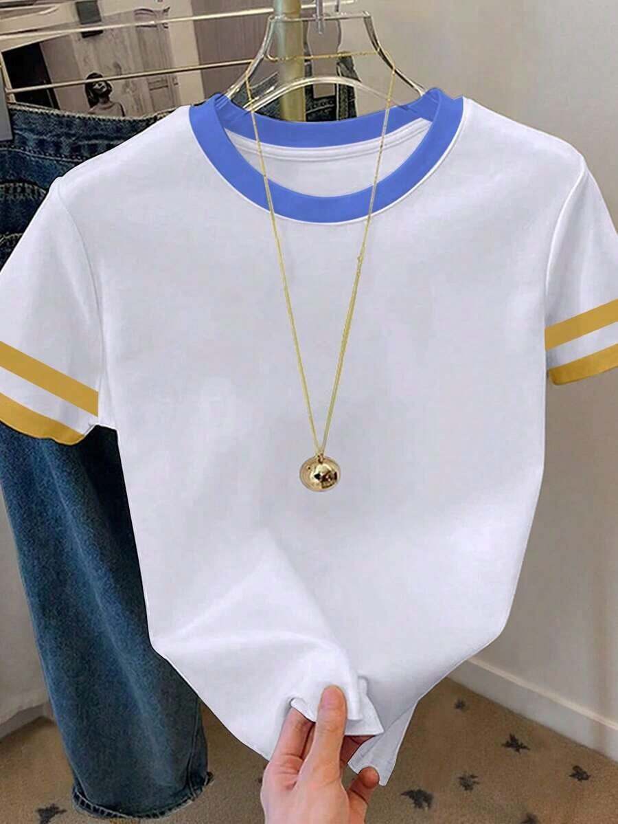 Camiseta de mujer de manga corta con cuello redondo y bloque de color, casual de verano - Blanco 9 - Ver 1