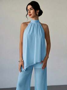 Conjunto de blusa y pantalones rectos holgados de mujer, elegante y casual para oficina, de gasa rosa con cuello de halter sin mangas y dobladillo asimétrico suelto, nuevo para primavera/verano - Azul - Ver 4