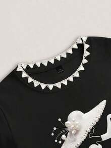 Conjunto de camiseta de manga corta con cuello redondo y estampado de oso de dibujos animados, y pantalones a rayas con cordón en la cintura para mujer - Negro - Ver 4