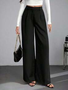 Tall Pantalones anchos de cintura alta de unicolor y versátiles, pantalones de cintura alta de estilo casual de otoño e invierno, pantalones negros de mujer, pantalones negros de vestir de pierna ancha, pantalones negros casuales, pantalones de esti - Negro - Ver 1