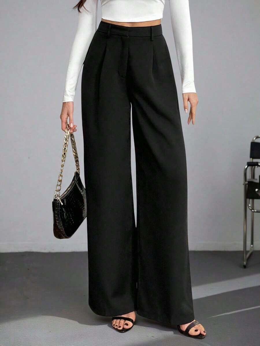Tall Pantalones anchos de cintura alta de unicolor y versátiles, pantalones de cintura alta de estilo casual de otoño e invierno, pantalones negros de mujer, pantalones negros de vestir de pierna ancha, pantalones negros casuales, pantalones de esti - Negro - Ver 1