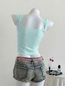 Top a cuadros sin mangas para mujeres con escote de corazón y nudo delantero - verde menta - Ver 2