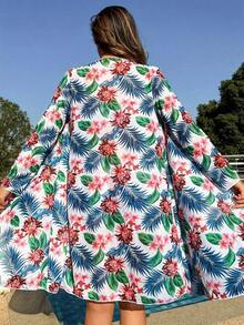 Conjunto de bikini con estampado tropical de tres piezas sujetador de empuje y bottom de bikini tipo hipster y kimono para mujer estilo vacaciones de verano en la playa - Multicolor - Ver 2