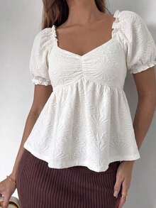 Blusa de encaje de manga corta y cuello cuadrado de unicolor casual, blusa de jersey de encaje, blusa de encaje, top de manga abullonada, top de tela texturizada, top de manga abullonada para mujer - Blanco - Ver 3