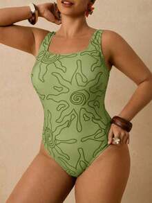 Traje de baño de una pieza con estampado de limón para mujer de talla grande, romántico para la playa y el spa a principios de primavera - Verde - Ver 4