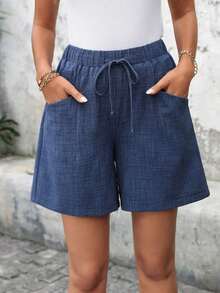 Pantalones cortos de verano de color azul marino sólido con bolsillos para mujeres de talla grande, vacaciones de verano, vacaciones de primavera, vacaciones para mujeres, salir, 2026 nuevo, simple y de moda para uso diario, pantalones cortos b - Azul 2 - Ver 7