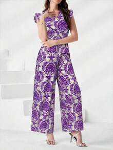 Conjunto de 2 piezas con parte superior con volantes y estampado de plantas en toda la superficie, y pantalones de pierna ancha - Morado - Ver 4