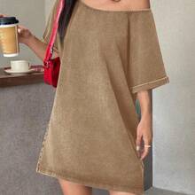 Vintage Washed Loose Cold-Shoulder T-Shirt Dress, Western Music Festival Style, Summer Loose Summer Dress Comfy Dress T Shirt Dresses For Women Lounge Dress Off Shoulder Dresses For Woman ,Summer Dress Loose Dress T Shirt Dress For Women - Caqui - Ver 3