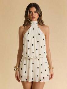 Vestido corto de mujer con tirantes de espagueti y espalda descubierta con lunares, ideal para verano, vacaciones, citas, San Valentín y otros eventos elegantes de verano - Blanco y Negro - Ver 6