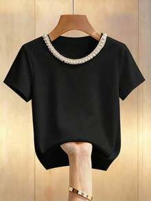 Desde la primavera hasta el verano, nuevas llegadas en la parte superior de verano: Día de San Valentín, elegante parte superior de mujer, parte superior de color albaricoque, camiseta, cuello redondo, adornos con cuentas, mangas cortas, estiliza - Negro - Ver 6