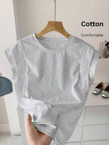 Camiseta de mujer de manga corta y corte regular en color amarillo con diseño clásico y estilo de murciélago, top de algodón amarillo sólido para verano - Gris - Ver 1