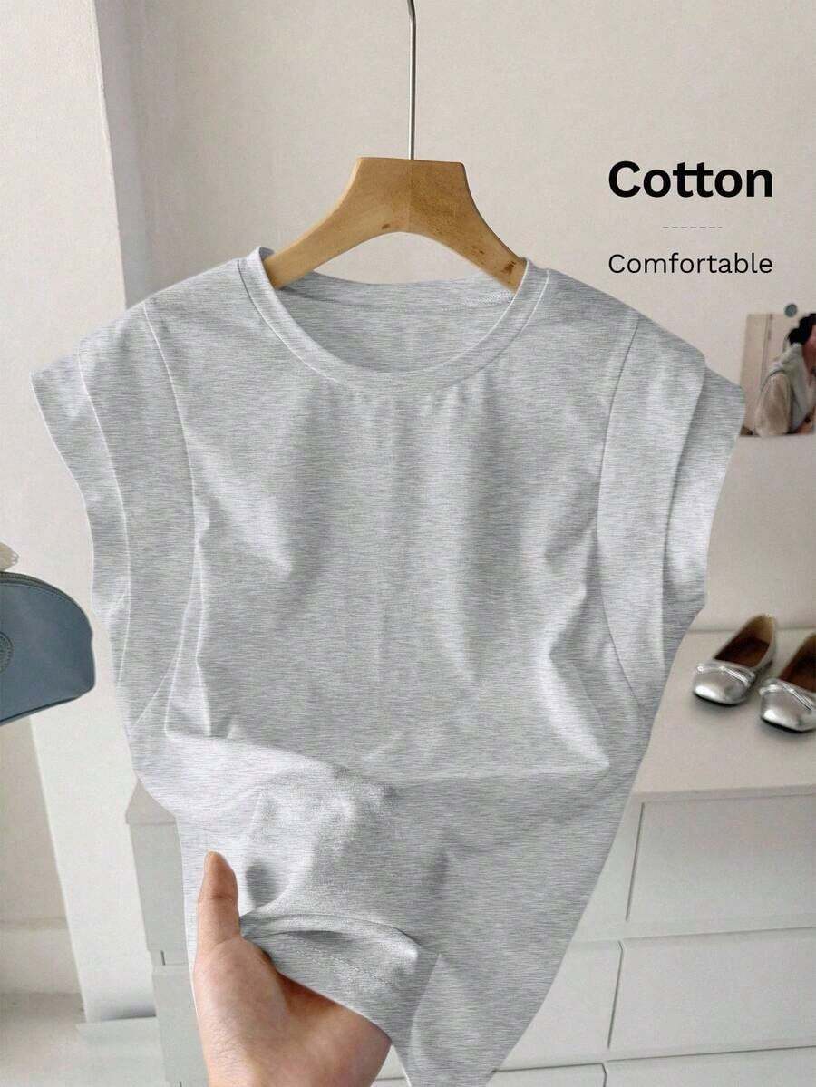 Camiseta de mujer de manga corta y corte regular en color amarillo con diseño clásico y estilo de murciélago, top de algodón amarillo sólido para verano - Gris - Ver 1