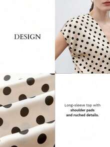 Blusa de satén con cuello en V y mangas de campana con lunares, para uso urbano, oficina, casual elegante, formal y de moda para dama - Blanco - Ver 2