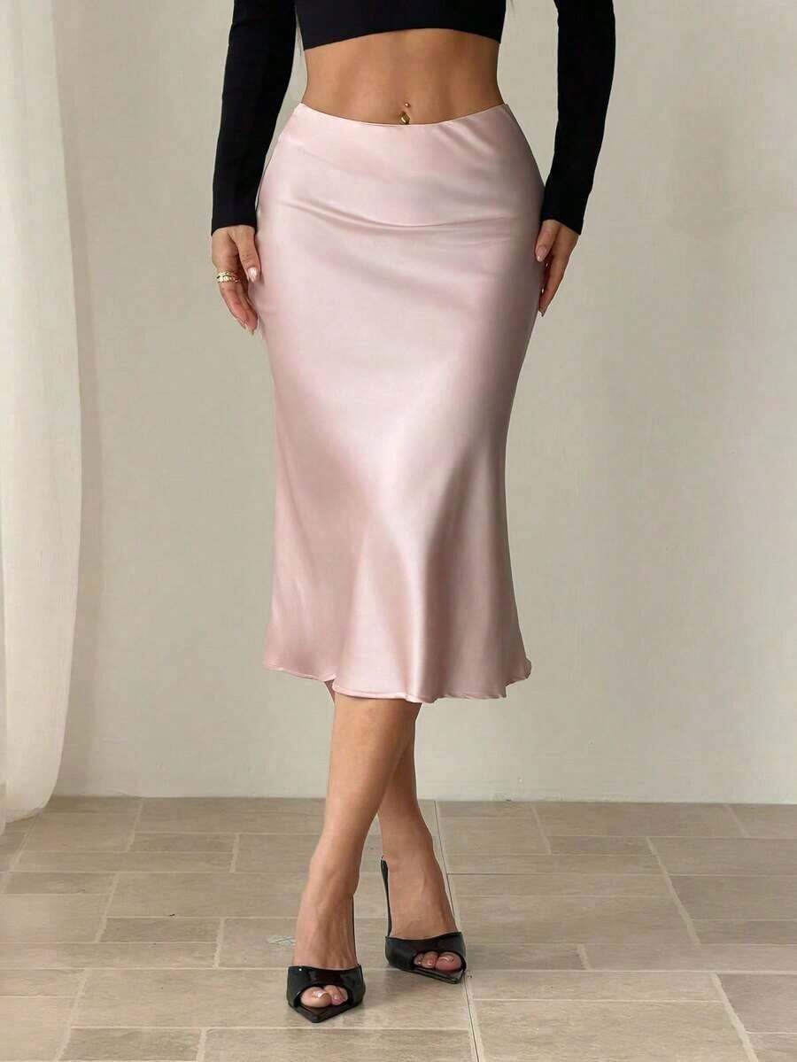 Falda de unicolor negro de cintura alta con textura de satén, adecuada para baile y uso diario - Rosa - Ver 1