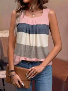 Camiseta sin mangas de mujer con bloques de color y rayas, estilo casual para vacaciones - Multicolor 2 - Ver 3