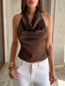 retro sexy con estampado de lunares en todo el diseño, cuello halter profundo drapeado, espalda descubierta y lazo trasero, adecuada para citas - Café integral - Ver 1