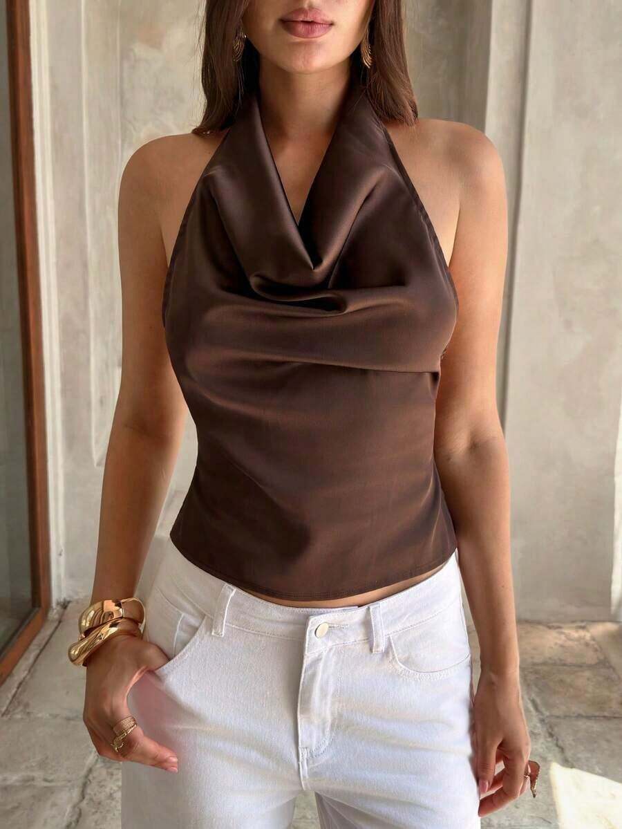 retro sexy con estampado de lunares en todo el diseño, cuello halter profundo drapeado, espalda descubierta y lazo trasero, adecuada para citas - Café integral - Ver 1