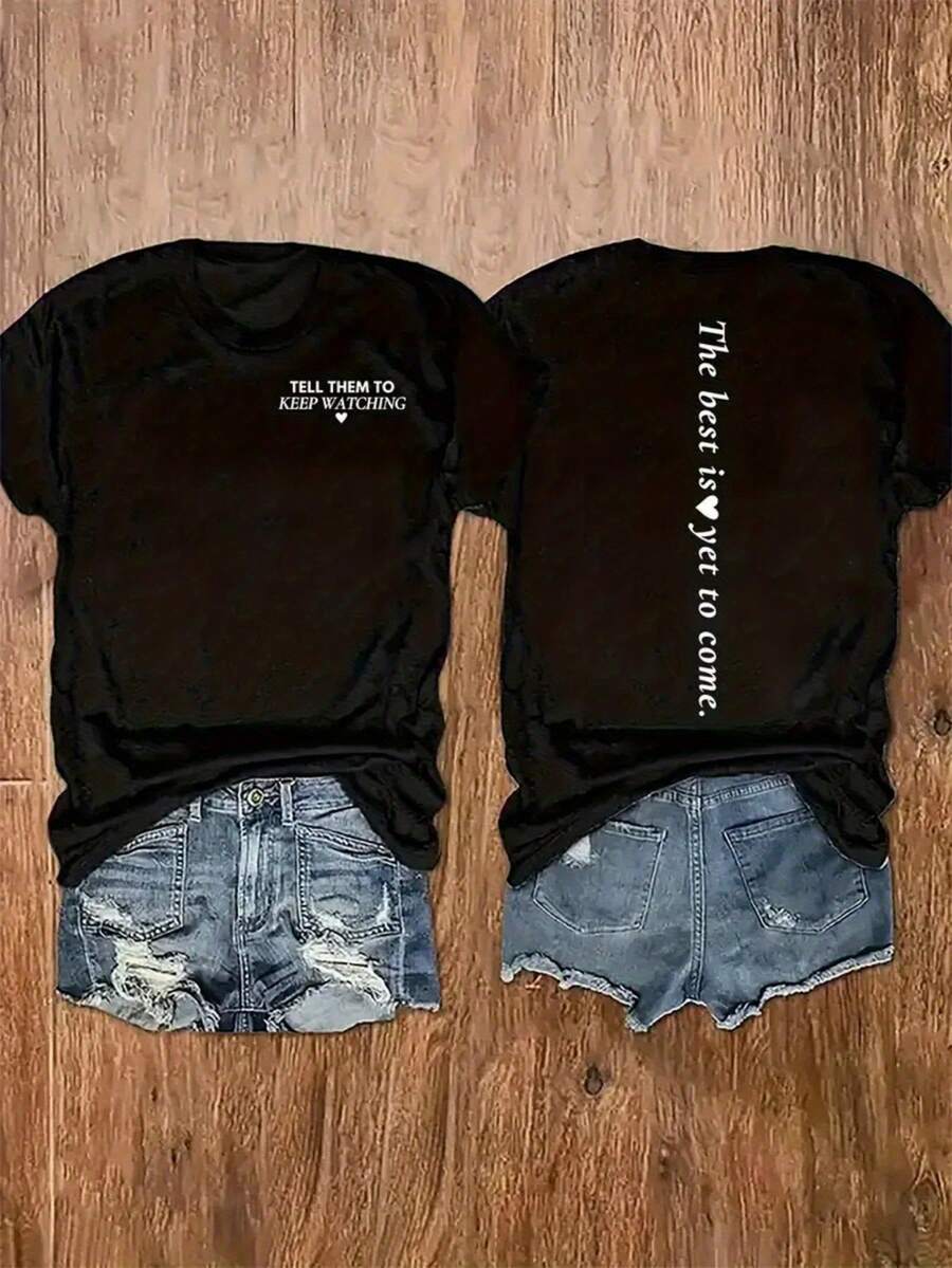 Top Casual para Mujer con Cuello Redondo y Mangas Cortas, Diseñado con un Patrón de Letras, Perfecto para la Moda de Primavera y Verano - Negro - Ver 1