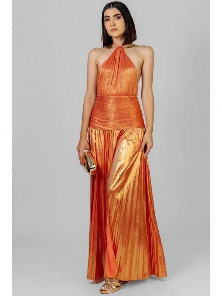 Metallic Pleated Halter Maxi Dress, Ruched Waist With Front Slit, Elegant Evening Gown For Prom & Weddings - Tachibana Kinshoku - View 1