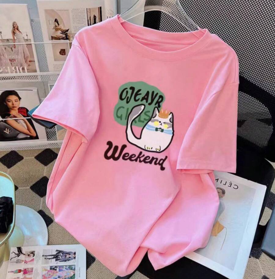 Camiseta con estampado de camisa casual para mujer, manga corta y cuello redondo, moda urbana local de primavera/verano camiseta unisex. 4H38 - rosa - Ver 1