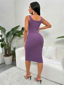 Vestido largo de punto ajustado con medio botón y acanalado, color burdeos, atuendo de mujer - Morado - Ver 2