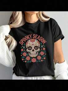 Catrina Halloween T-Shirt, Day Of The Dead Skull, Spooky Skeleton T-Shirt, Gothic T-Shirt With Halloween Aesthetic, Short Sleeve T-Shirt With Day Of The Dead Graphic. - 黑色 - 查看 6