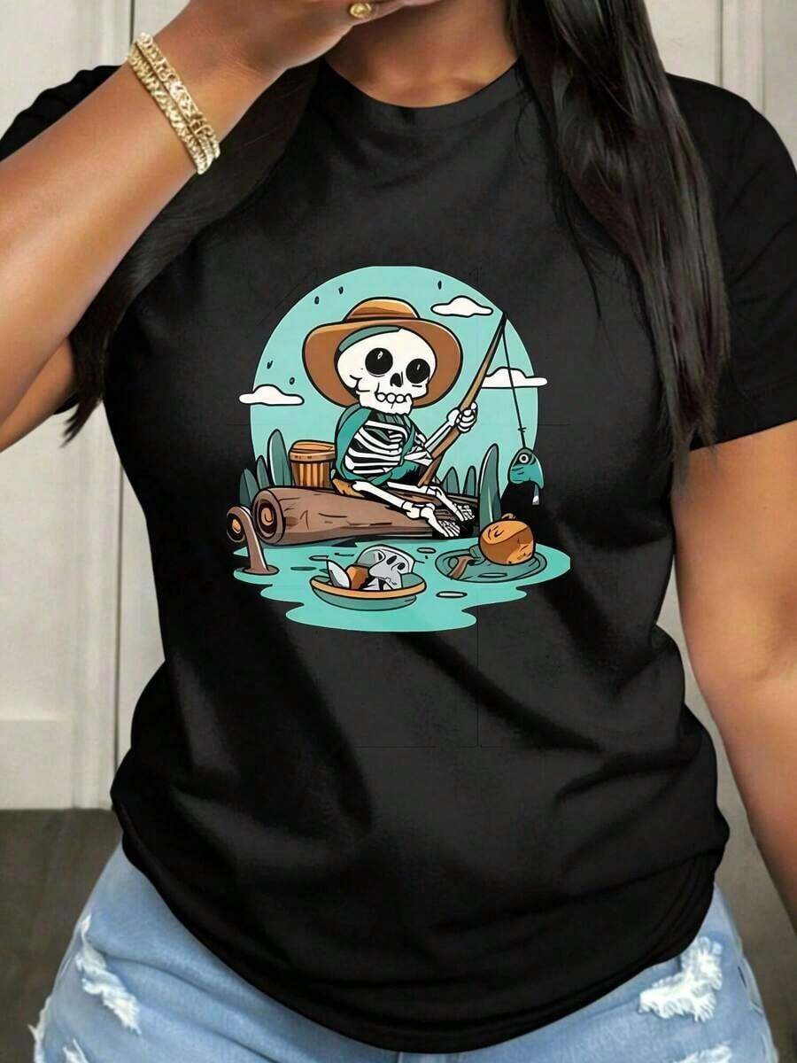 Camiseta de Mujer con Diseño de Esqueleto Femenino para el Día de la Madre, Manga Corta, Cuello Redondo, Tejido de Elasticidad Media, Adecuada para Ropa Casual de Primavera, Verano y Otoño, Lavable a Máquina, Diseño Divertido - Negro - Ver 1