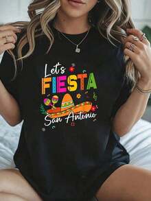Women's Let's Fiesta San Antonio Texas Cinco De Mayo Mexican Party T-Shirt - 100% Women's Graphic Tees, Casual Everyday Summer Wear - 黑色 - 查看 1