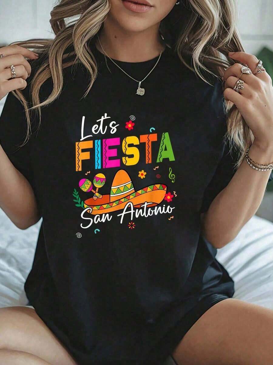 Women's Let's Fiesta San Antonio Texas Cinco De Mayo Mexican Party T-Shirt - 100% Women's Graphic Tees, Casual Everyday Summer Wear - 黑色 - 查看 1