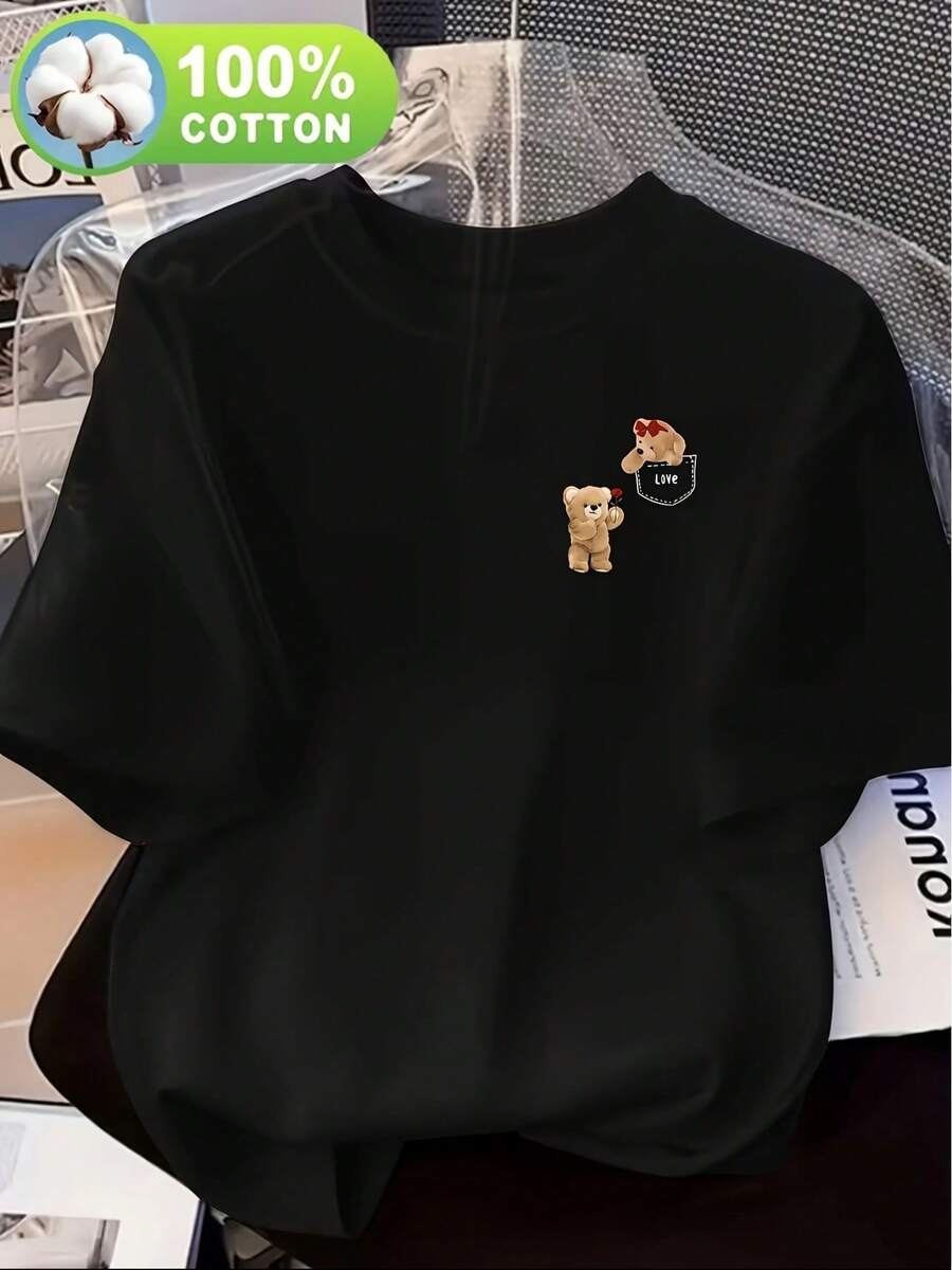 Women's Casual Short Sleeve Crew Neck T-Shirt | 100% Cotton, Breathable Comfort, All Seasons, Cartoon Print, Regular Fit, Machine Washable - 黑色 - 查看 1