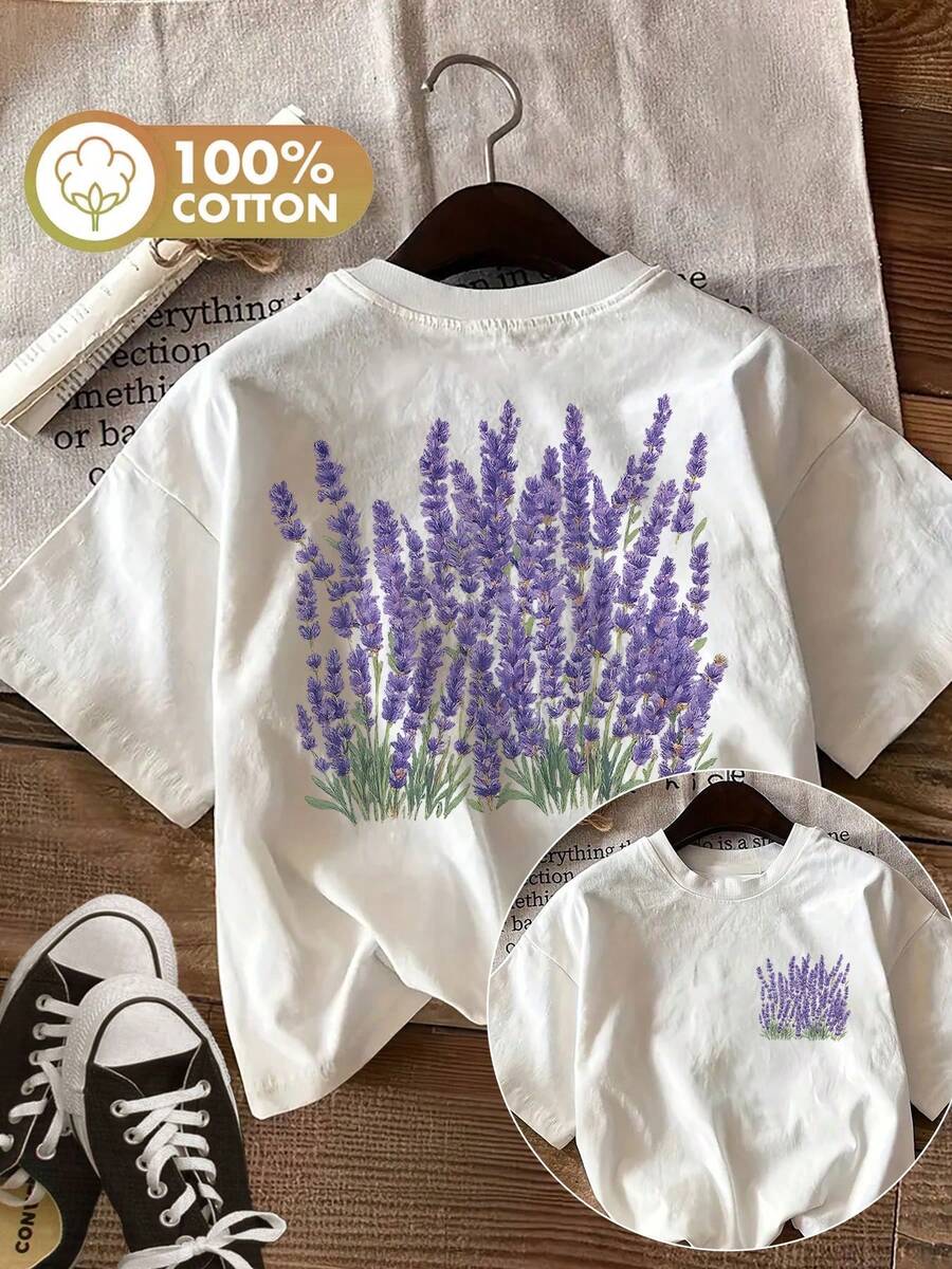 [Double-Sided Print] Women's Summer Casual Top, Hand-Painted Lavender Style, Sheer Short-Sleeve T-Shirt With Round Neck And Lavender Bouquet [Ling K] - 白色 - 查看 1