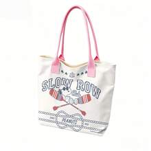 Miniso Peanuts Snoopy Slow Row Club Nautical Canvas Tote Bag, White Shoulder Bag For Daily Use - Black - View 4