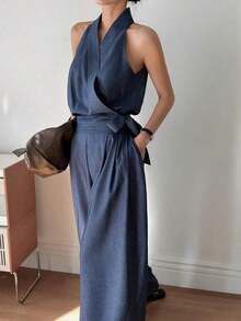 Conjunto de pijama holgado de mujer con cuello en V sin mangas, con lazo lateral, elegante y casual para la ciudad - Azul - Ver 2