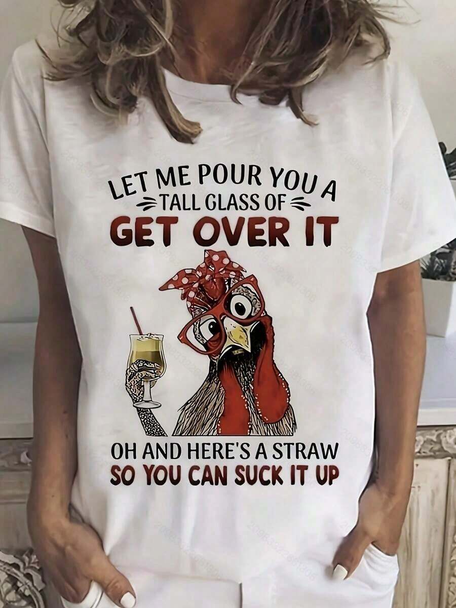 Camiseta de cuello redondo con estampado de pollo de dibujos animados, top casual de manga corta para primavera y verano, ropa de mujer, estampado de dibujos animados, material de algodón cómodo, agradable para la piel, suave y fresco, ropa de verano para mujer. - Blanco - Ver 1