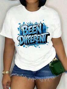 Women's Graphic Print Short Sleeve T-Shirt, Blue Graffiti Inspired Design, Fashionable Women's Clothing, Retro Y2K Style, Ideal For Campus Lovers, Commuting, Music Festivals, Brunch Dates, Versatile Top. - 白色 - 查看 5
