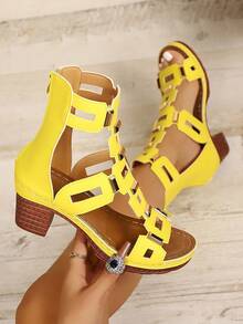 Women's Hollow Geometric Pattern Metal Rivet Chunky Heel Roman Sandals, Gladiator Sandals, Summer Shoes - Yellow - View 5