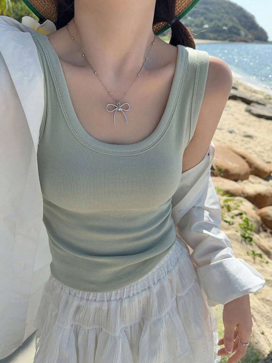 女款素色圓領羅紋針織背心,休閒夏季款 - 綠色 - 查看 1