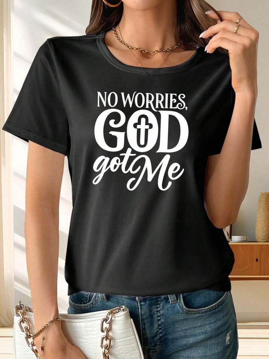 Women's T-Shirts Breathable And Soft Medium Stretch Fabric, Polyester Material Women's T-Shirts, Regular Length Women's Tops, Printed With Faith Copy - Perfect Gift Choice, Tops Options For Women Blusas Para Mujer Camisa - Negro - Ver 1