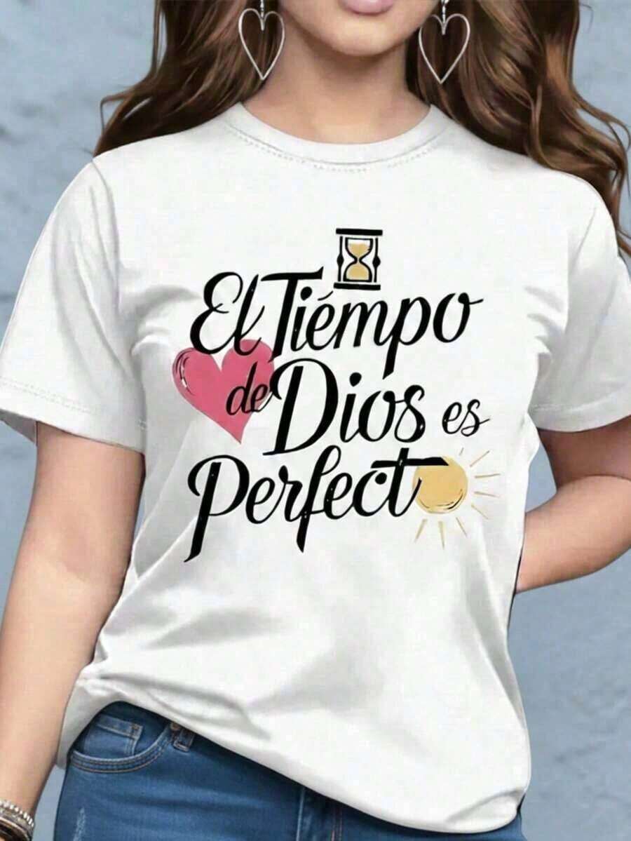 short sleevesPlayera camiseta blusa gráfica dama mujer estampada casual estampado love amor parejas corazon febrero corte regular material suave cuello redondo manga corta diario día noche calle casa cómoda fresca ligera moderna juvenil urbana aesthetic primavera verano playa calor y2k femenina frase religiosa tiempo de dios es perfecto letras cristiana corazónLeisure - Blanco - Ver 1