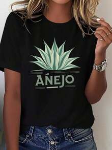 Camiseta Gráfica Vintage para Mujer con Diseño de Agave y Néctar de Agave - 100% Ajuste Cómodo, Cuello Redondo Casual, Manga Corta, Diseño de Tequila Mexicana, Ropa Casual para Todas las Temporadas, Lavable a Máquina, Patrón Geométrico, Corte Relajado, Estampado Retro Anejo, Diseño de Hojas de Agave Azul y Verde, Tejido Puro Transpirable, Adecuada para Todas las Temporadas, Elegante y Cómoda Camiseta de Moda para Mujer. - Negro - Ver 7